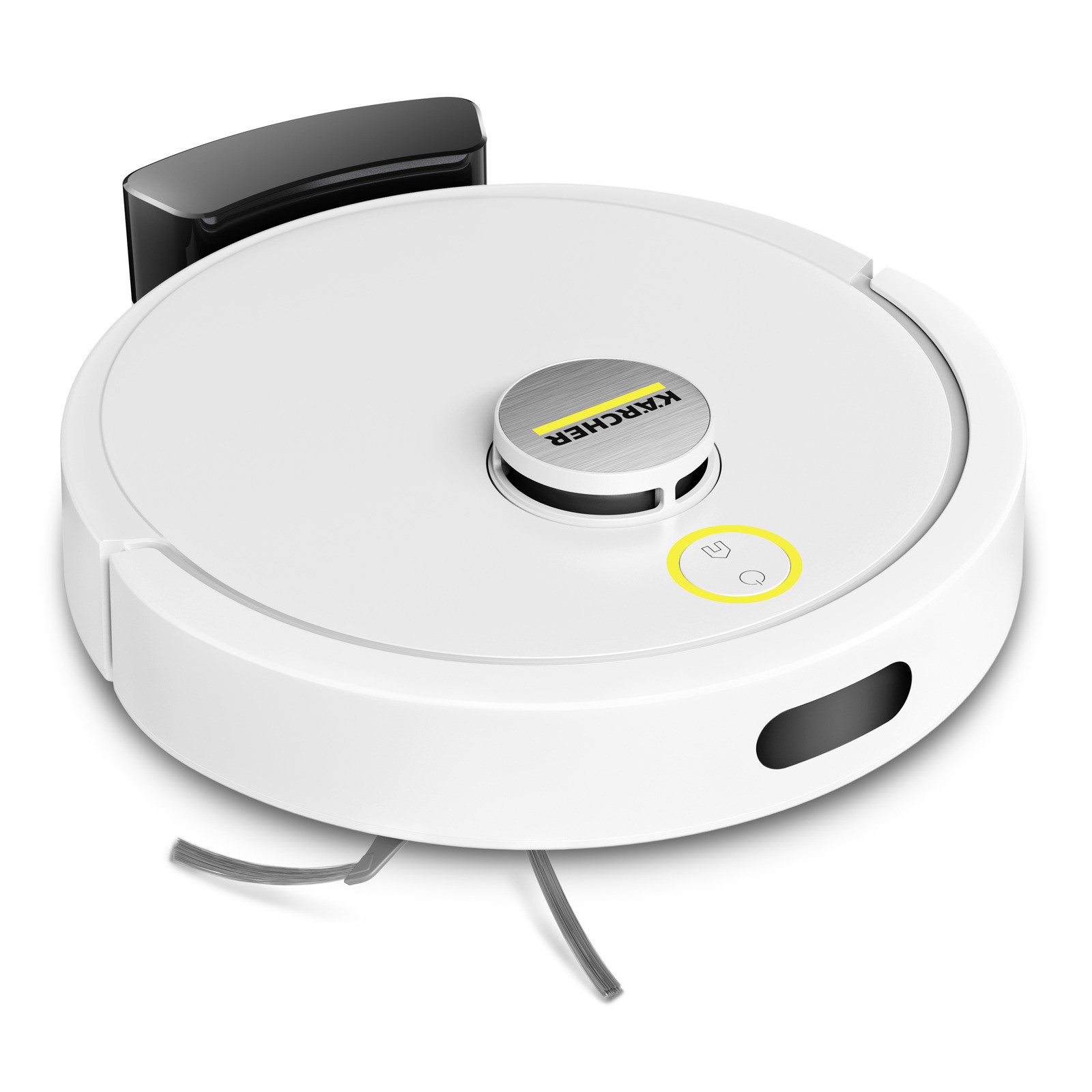 Aspirator robot Kärcher alb, rotund, cu perii laterale și buton de pornire galben.