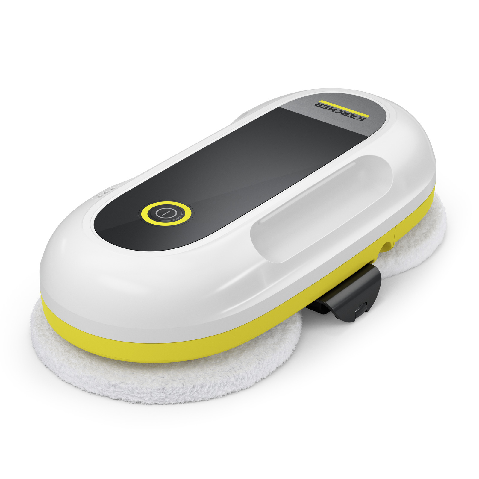 Kärcher robotic window cleaner with white and yellow design, featuring dual cleaning pads and a central control button.