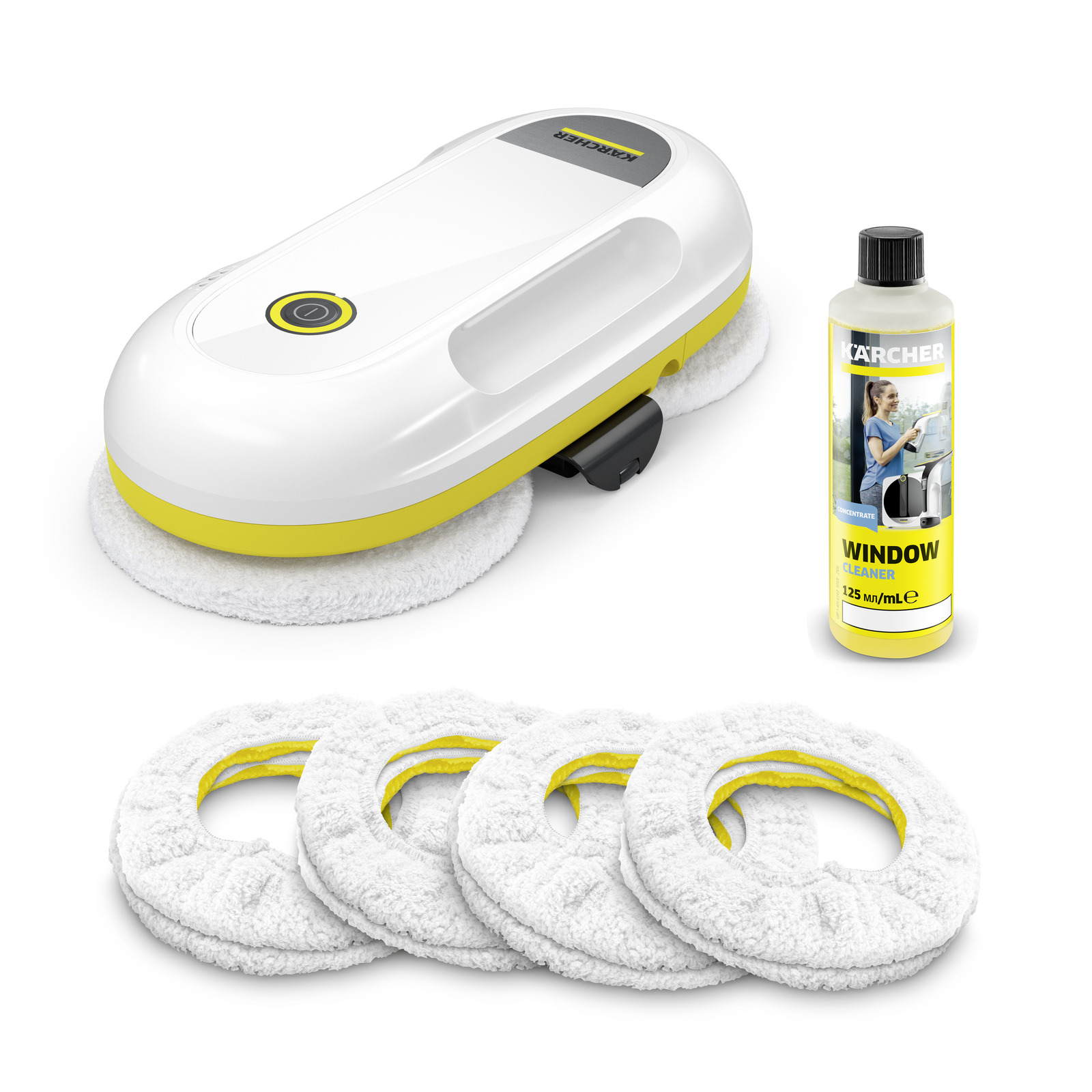 Kärcher window cleaning robot, a bottle of Kärcher window cleaning concentrate, and four white cleaning pads displayed on a white background. Kärcher window cleaning robot, a bottle of Kärcher window cleaning concentrate, and four white cleaning pads displayed on a white background.