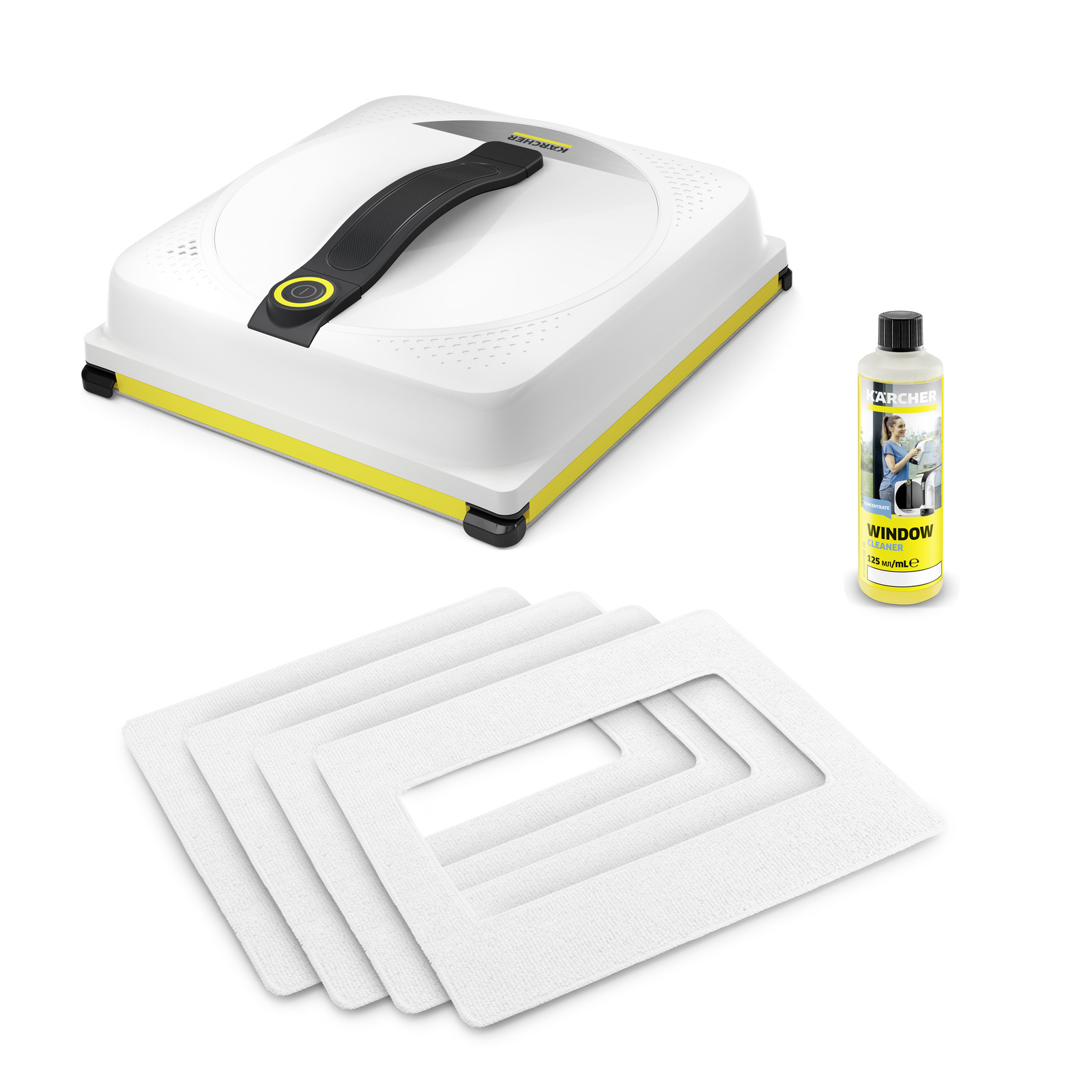A Kärcher window vac, a yellow bottle of Kärcher window cleaning concentrate, and four white cleaning pads are displayed on a white background. A Kärcher window vac, a yellow bottle of Kärcher window cleaning concentrate, and four white cleaning pads are displayed on a white background.
