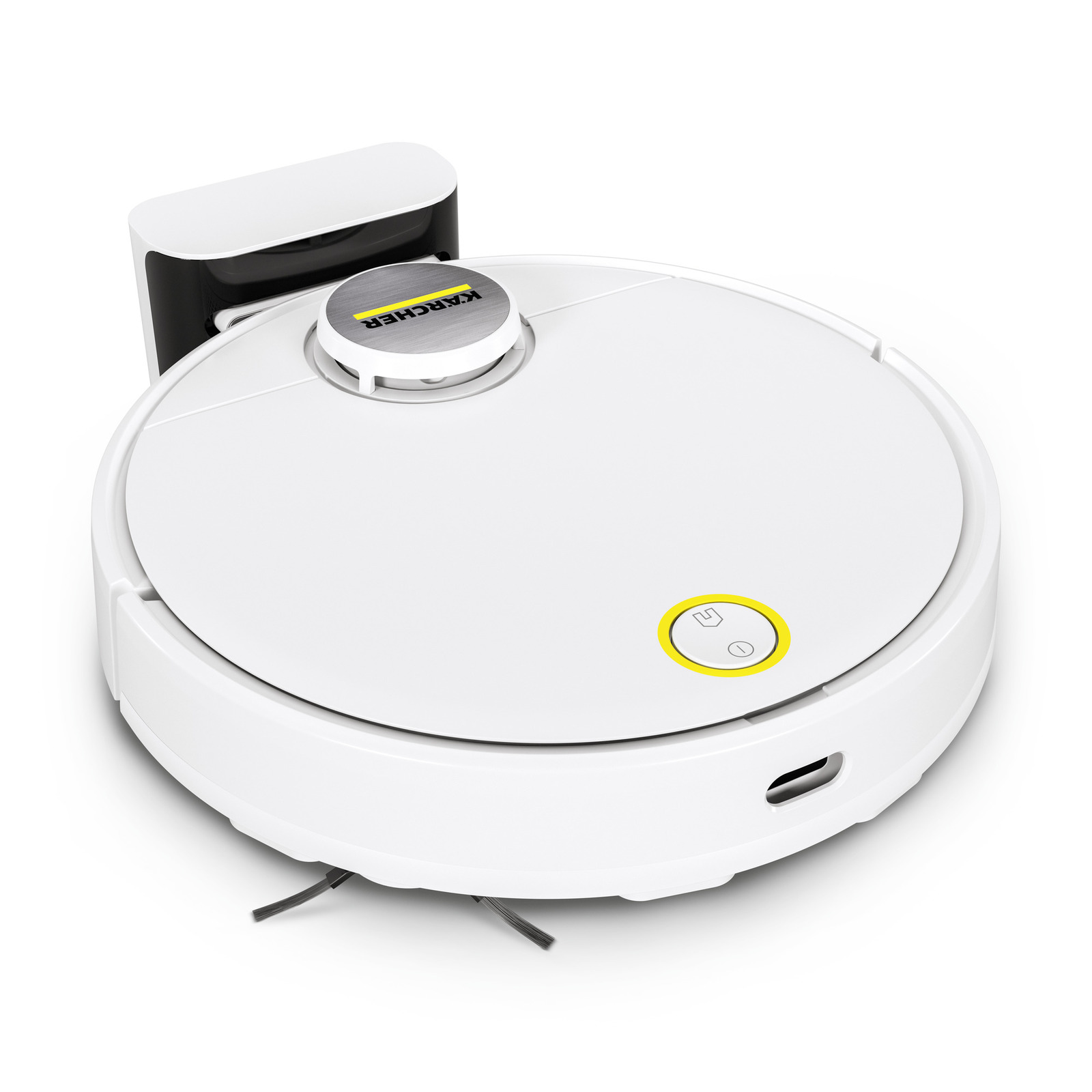 Aspirator robot Kärcher alb, rotund, cu buton galben de pornire și stație de încărcare. Aspirator robot Kärcher alb, rotund, cu buton galben de pornire și stație de încărcare.