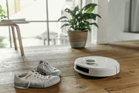 White Kärcher robot vacuum on wooden floor near white trainers and a potted plant in a bright room.