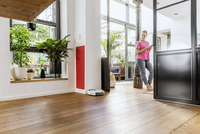 Indoor setting with wooden floor, large windows, and potted plants. A robotic vacuum cleaner is near a wall.