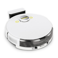 White Kärcher robotic vacuum cleaner with a circular design, featuring a docking station and control buttons on top.