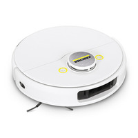 White Kärcher robotic vacuum cleaner with circular design and front sensors, viewed from a slight angle.
