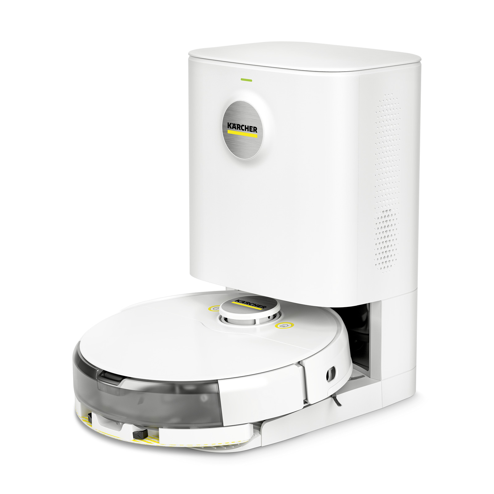 Aspirator robot Kärcher alb, cu stație de încărcare, pe fundal alb. Aspirator robot Kärcher alb, cu stație de încărcare, pe fundal alb.