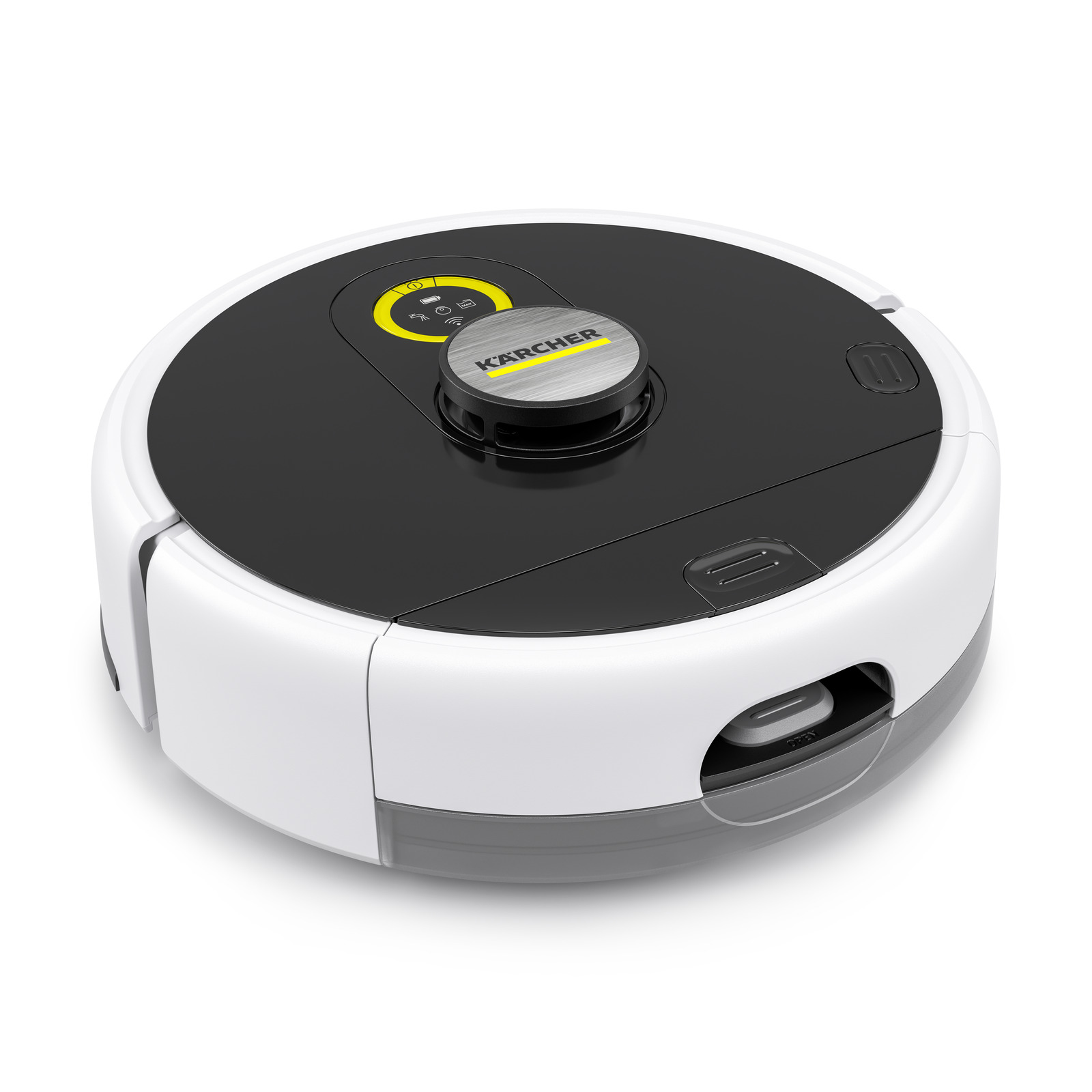 Aspirator robot Kärcher alb-negru, cu design circular și logo vizibil pe partea superioară.