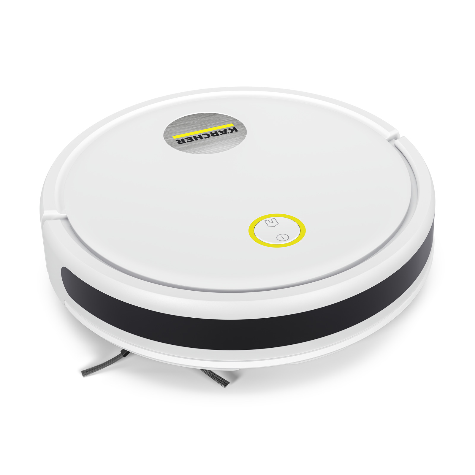 Aspirator robot Kärcher alb, circular, cu logo și buton galben pe partea superioară. Aspirator robot Kärcher alb, circular, cu logo și buton galben pe partea superioară.