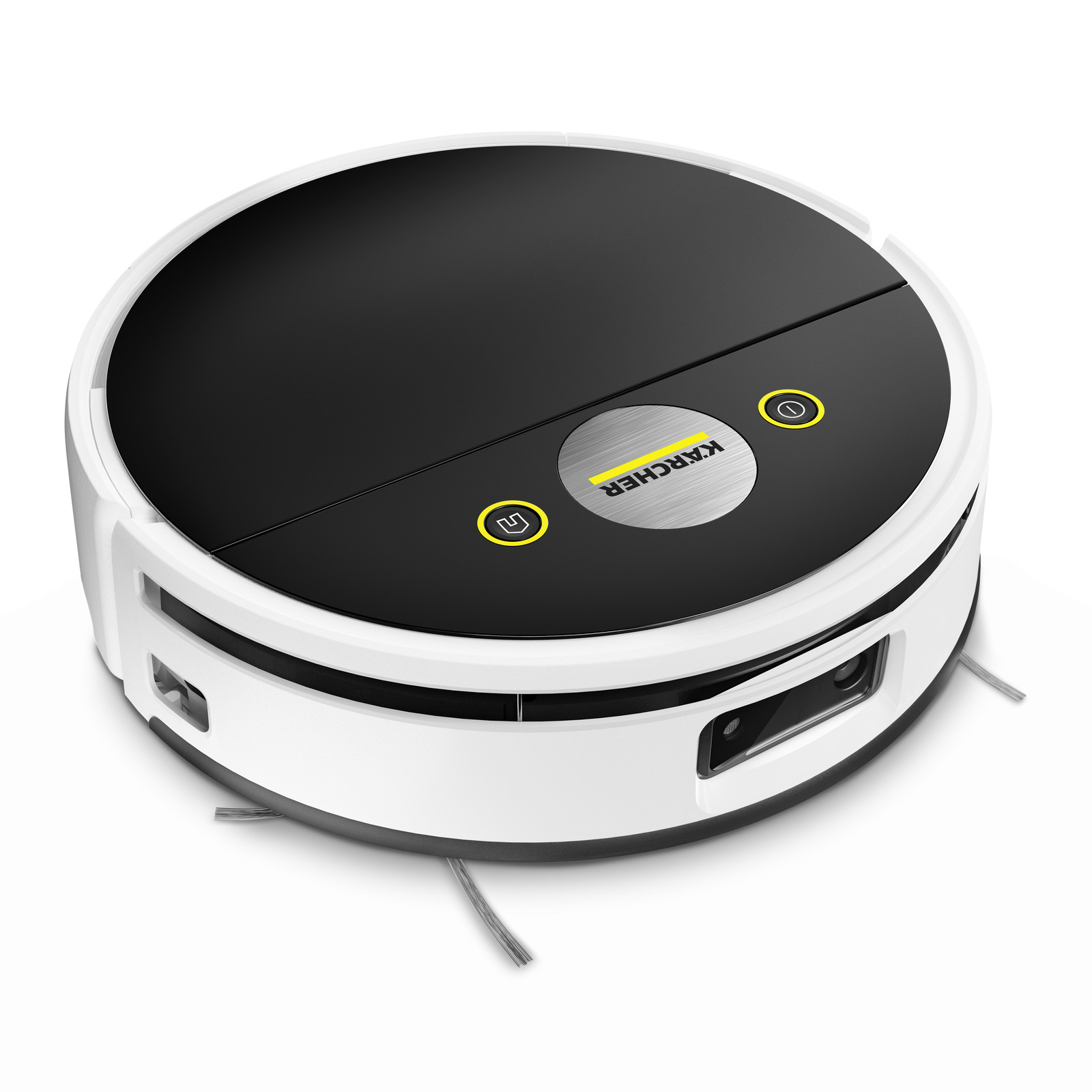 Aspirator robot Kärcher, rotund, alb cu negru, butoane galbene, logo central, perii laterale.