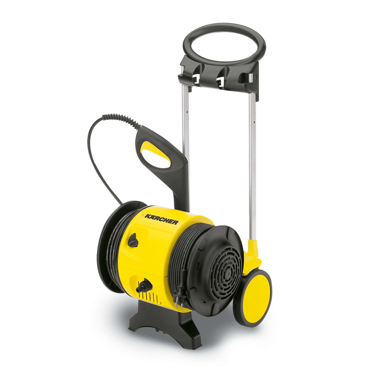 Kärcher hose reel cart with yellow and black design, featuring a handle and wheels for easy transport.