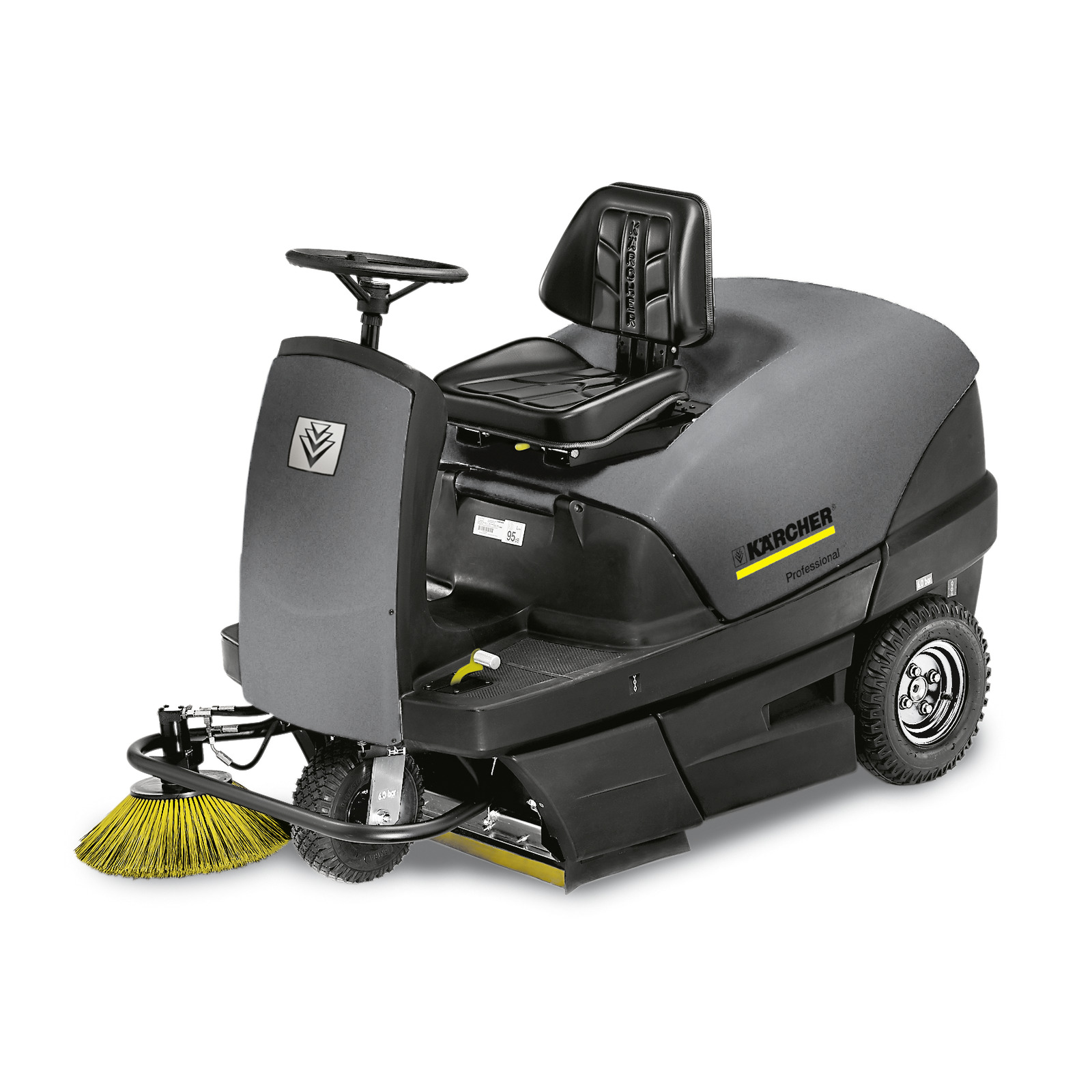 Kärcher ride-on sweeper with a black seat, steering wheel, and yellow brush, designed for cleaning large areas.