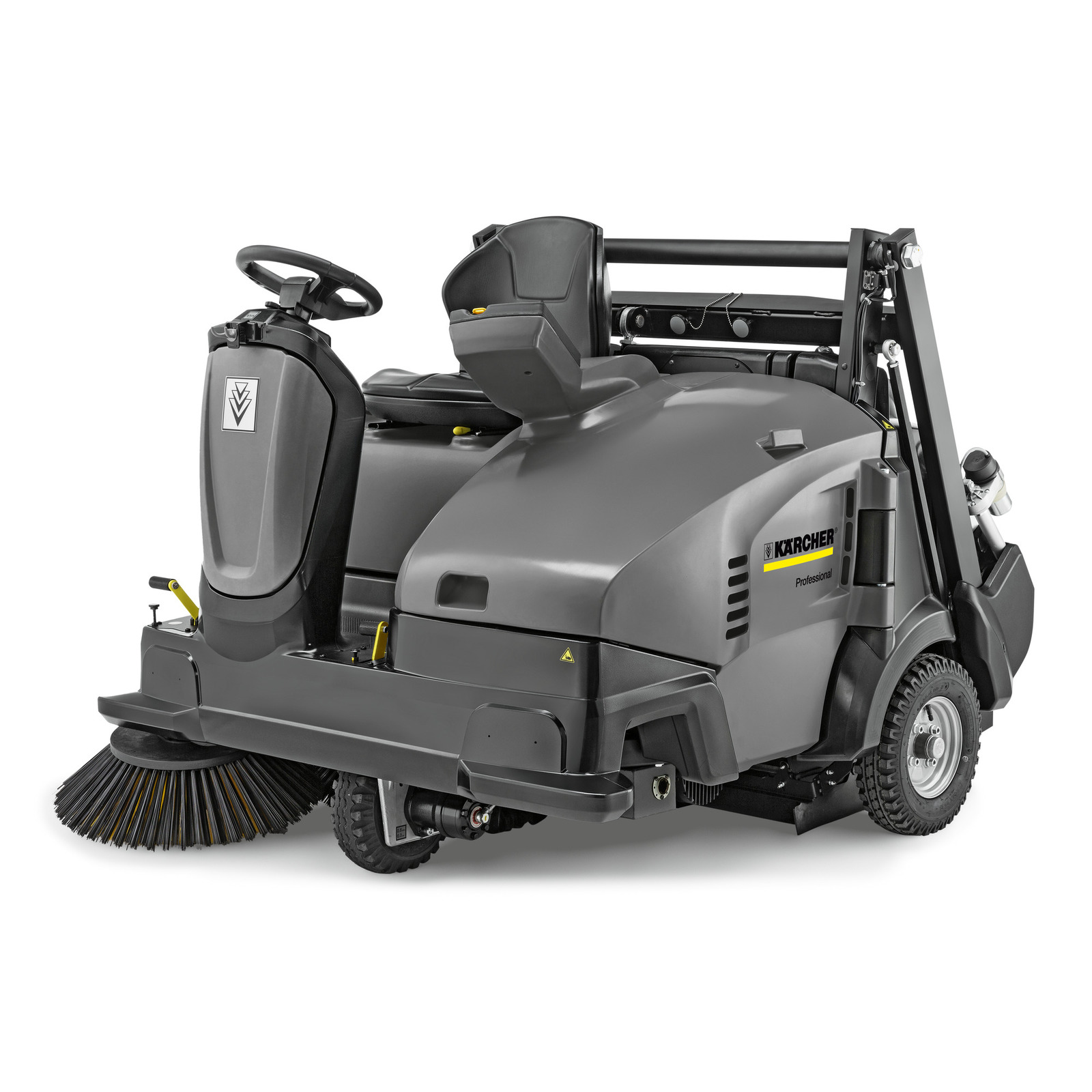 Grey Kärcher ride-on sweeper with steering wheel, brush, and wheels, viewed from the side.