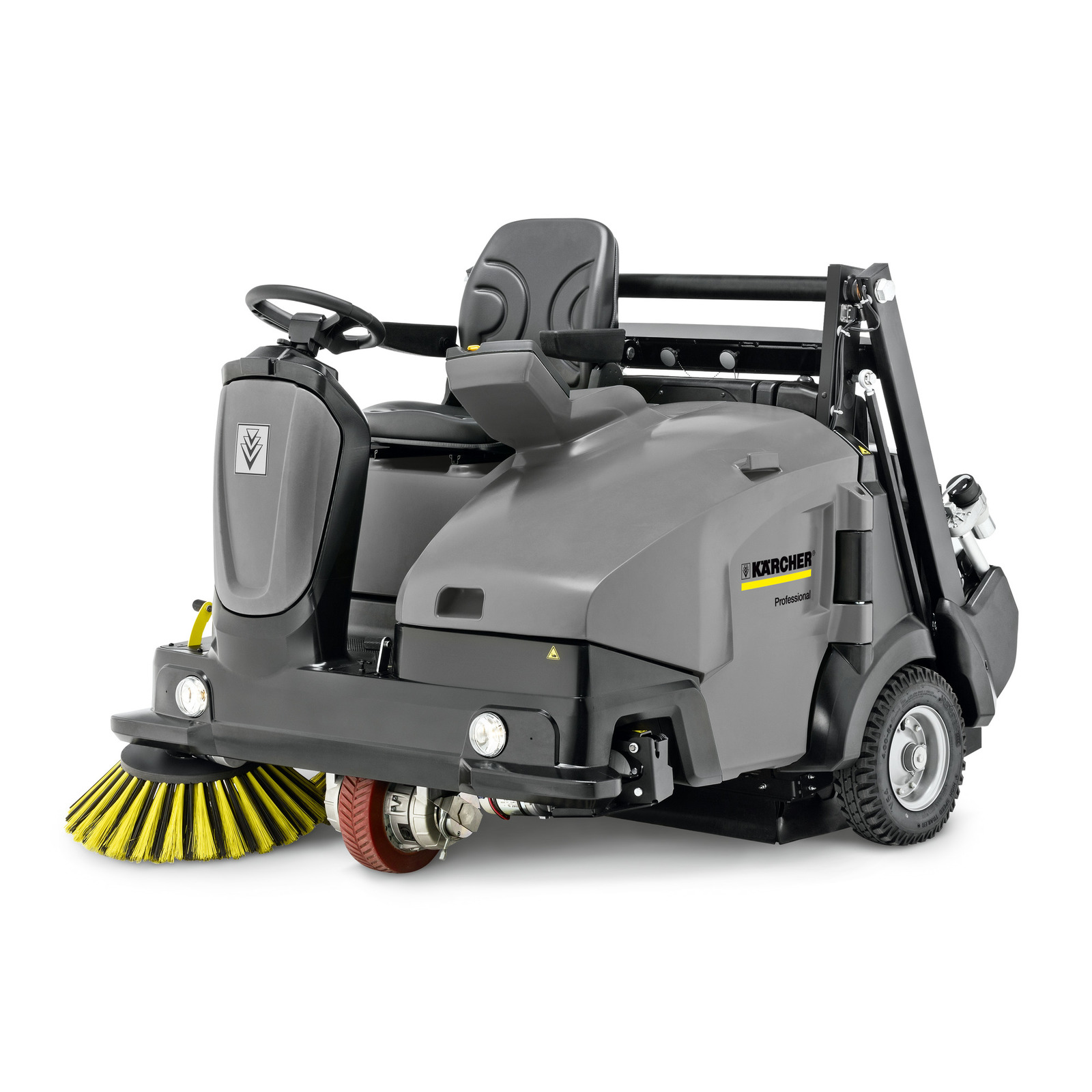 Kärcher ride-on floor sweeper with grey body, yellow brushes, and steering wheel, designed for professional cleaning. Kärcher ride-on floor sweeper with grey body, yellow brushes, and steering wheel, designed for professional cleaning.