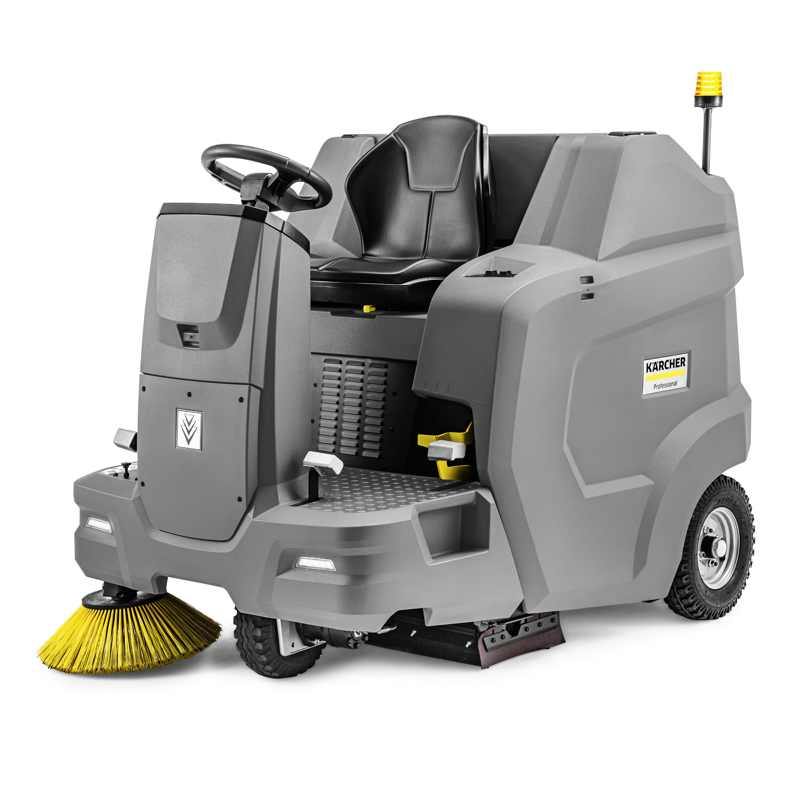Kärcher ride-on sweeper with grey body, black seat, steering wheel, and yellow brush, designed for professional cleaning.