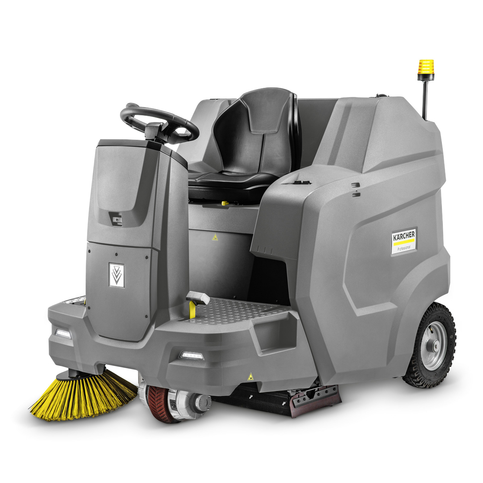 Kärcher Aufsitz-Kehrmaschine mit gelber Bürste und schwarzem Sitz, graues Gehäuse, Lenkrad und Warnleuchte. Kärcher Aufsitz-Kehrmaschine mit gelber Bürste und schwarzem Sitz, graues Gehäuse, Lenkrad und Warnleuchte.