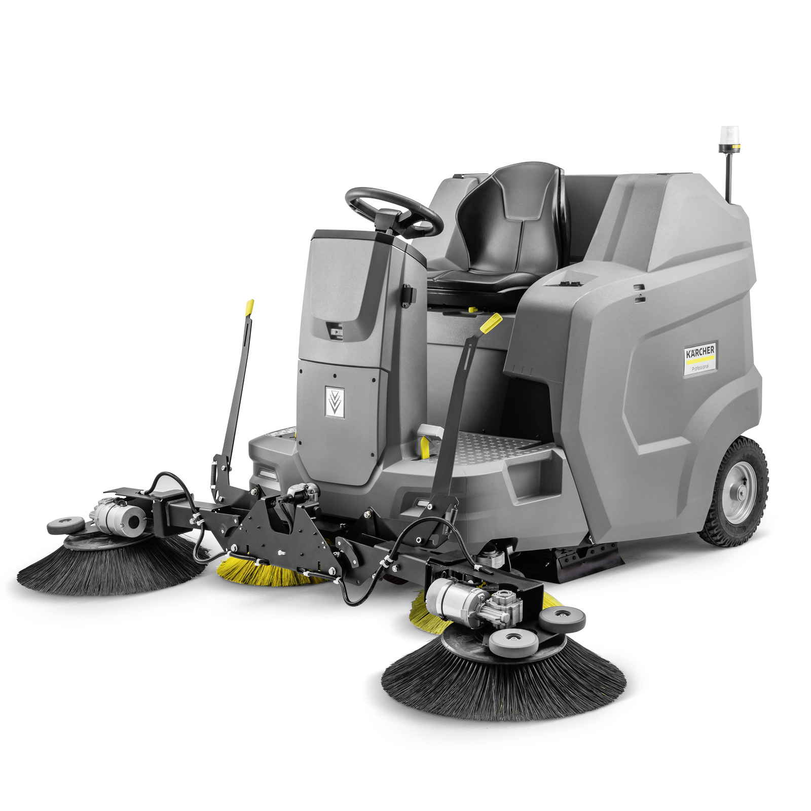 Kärcher ride-on sweeper with dual rotating brushes, grey body, and black seat, designed for efficient floor cleaning.
