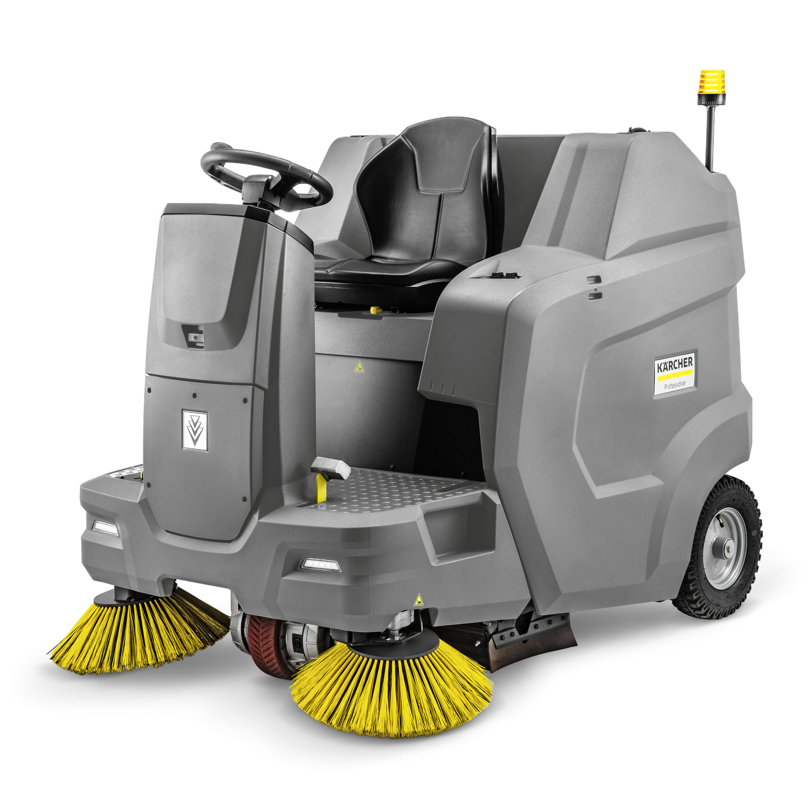Kärcher ride-on sweeper with yellow brushes, grey body, and black seat, featuring a steering wheel and rear warning light.