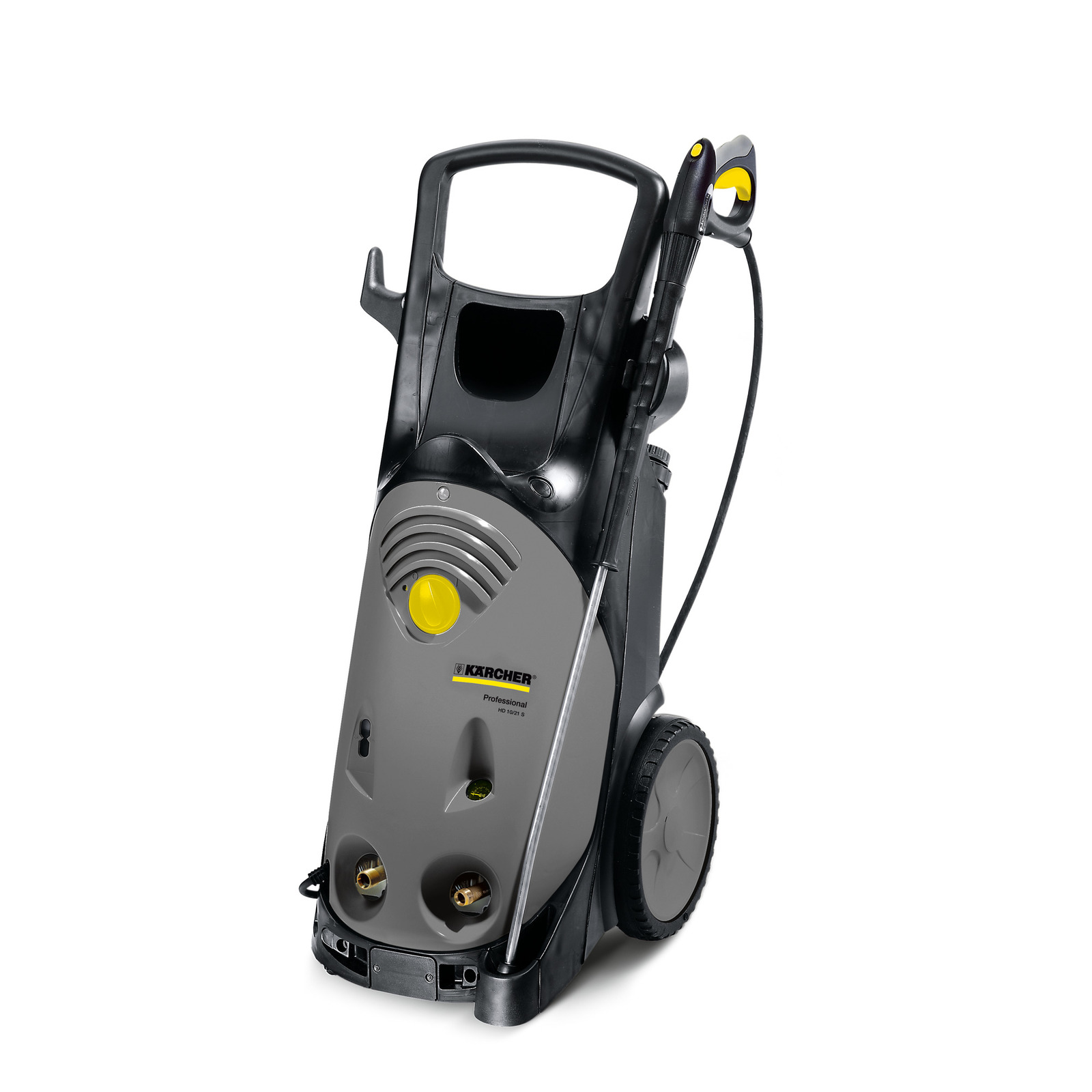 Kärcher high-pressure cleaner with grey body, black handle, and yellow accents, featuring wheels and hose attachment.