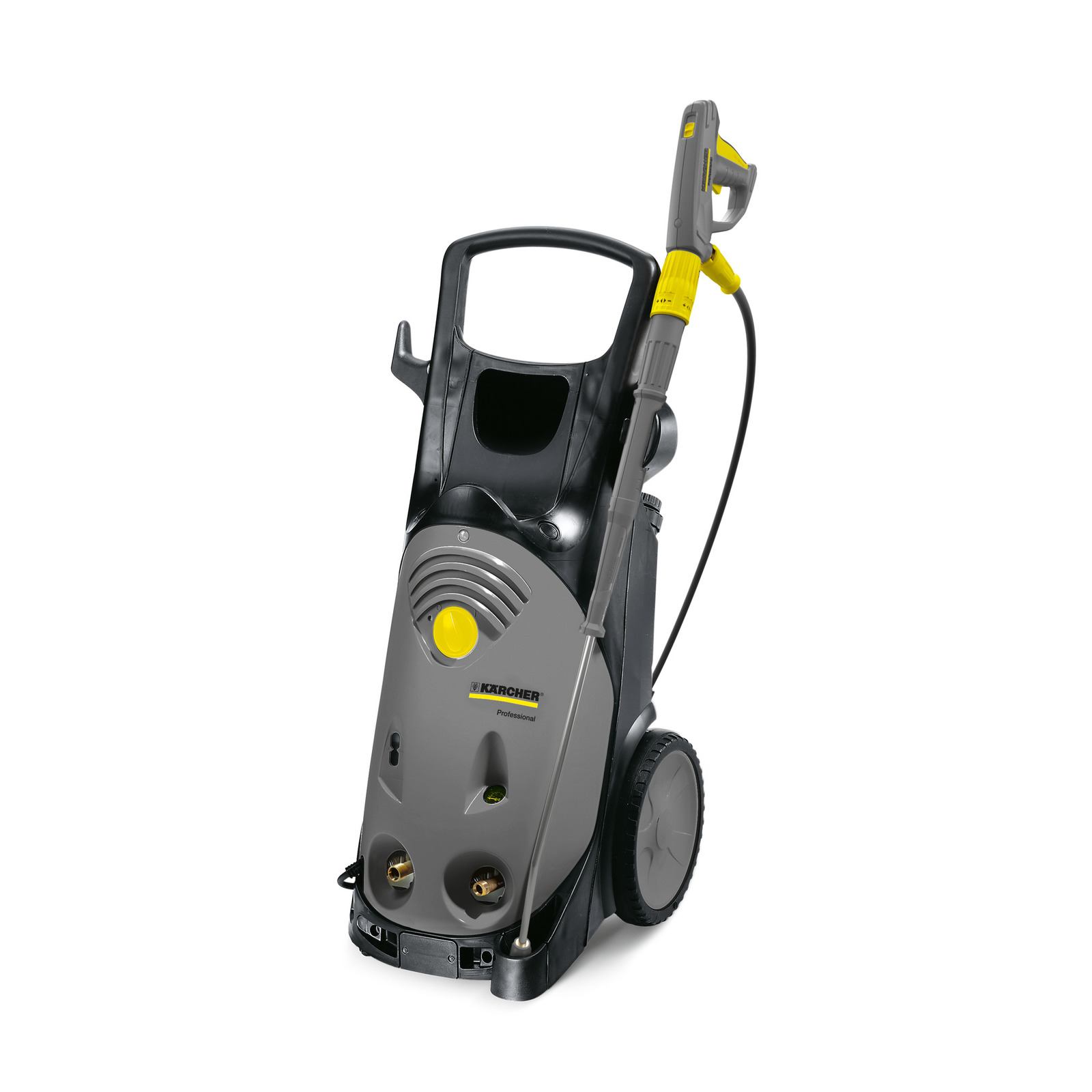 Kärcher high-pressure cleaner with grey body, yellow accents, and wheels for mobility.