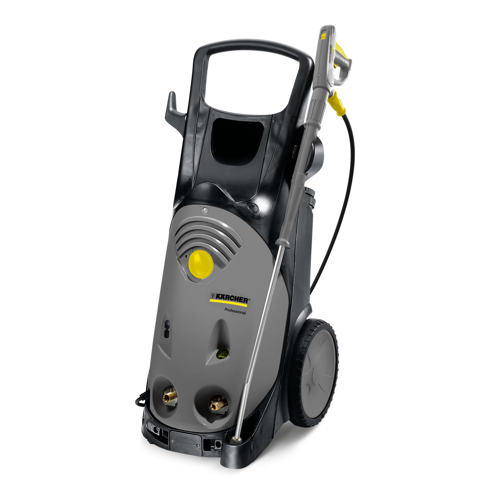 Kärcher high-pressure cleaner with grey body, yellow accents, and black wheels, featuring a handle and hose attachment.