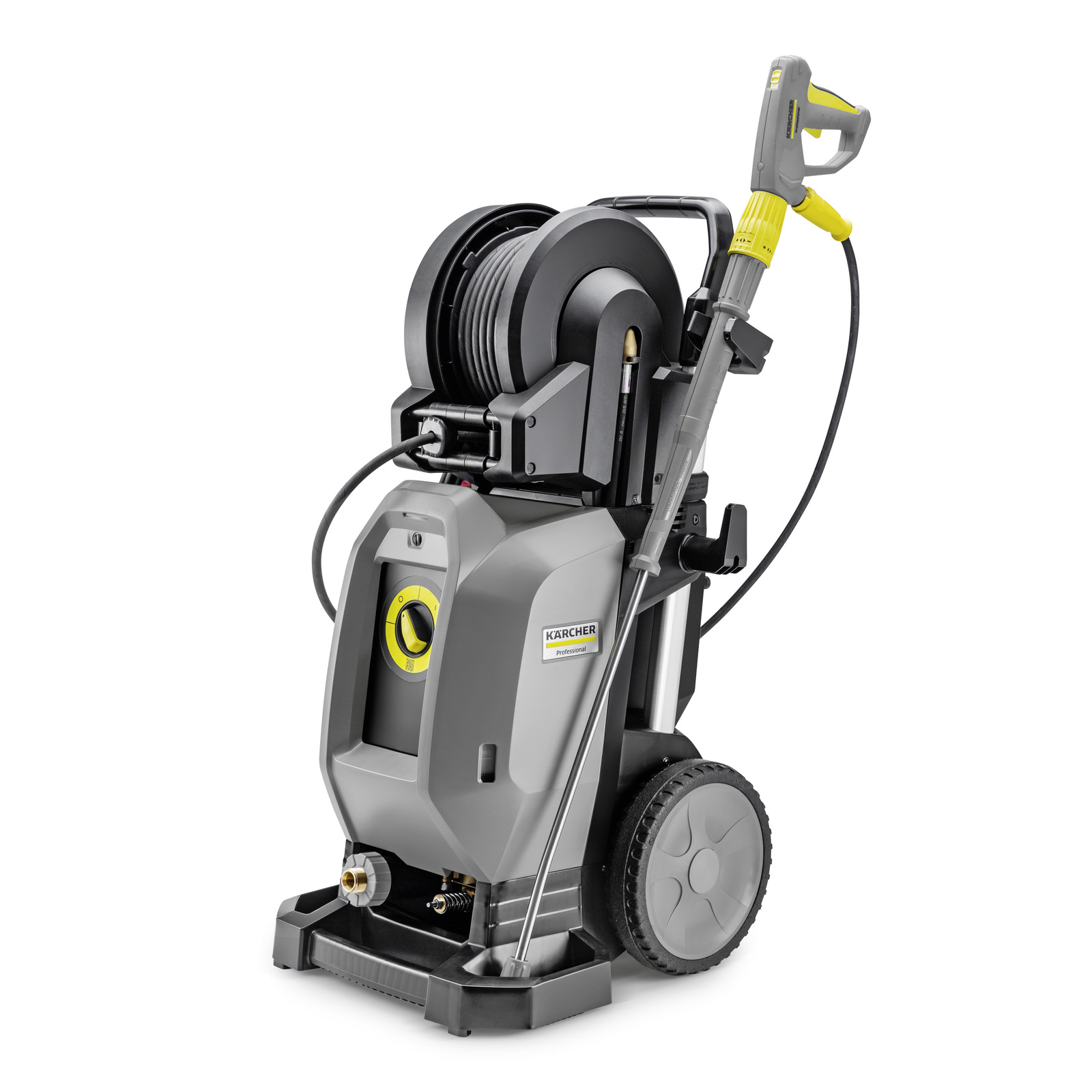 Kärcher high-pressure cleaner with hose reel and spray gun, grey and yellow accents, on wheels. Kärcher high-pressure cleaner with hose reel and spray gun, grey and yellow accents, on wheels.