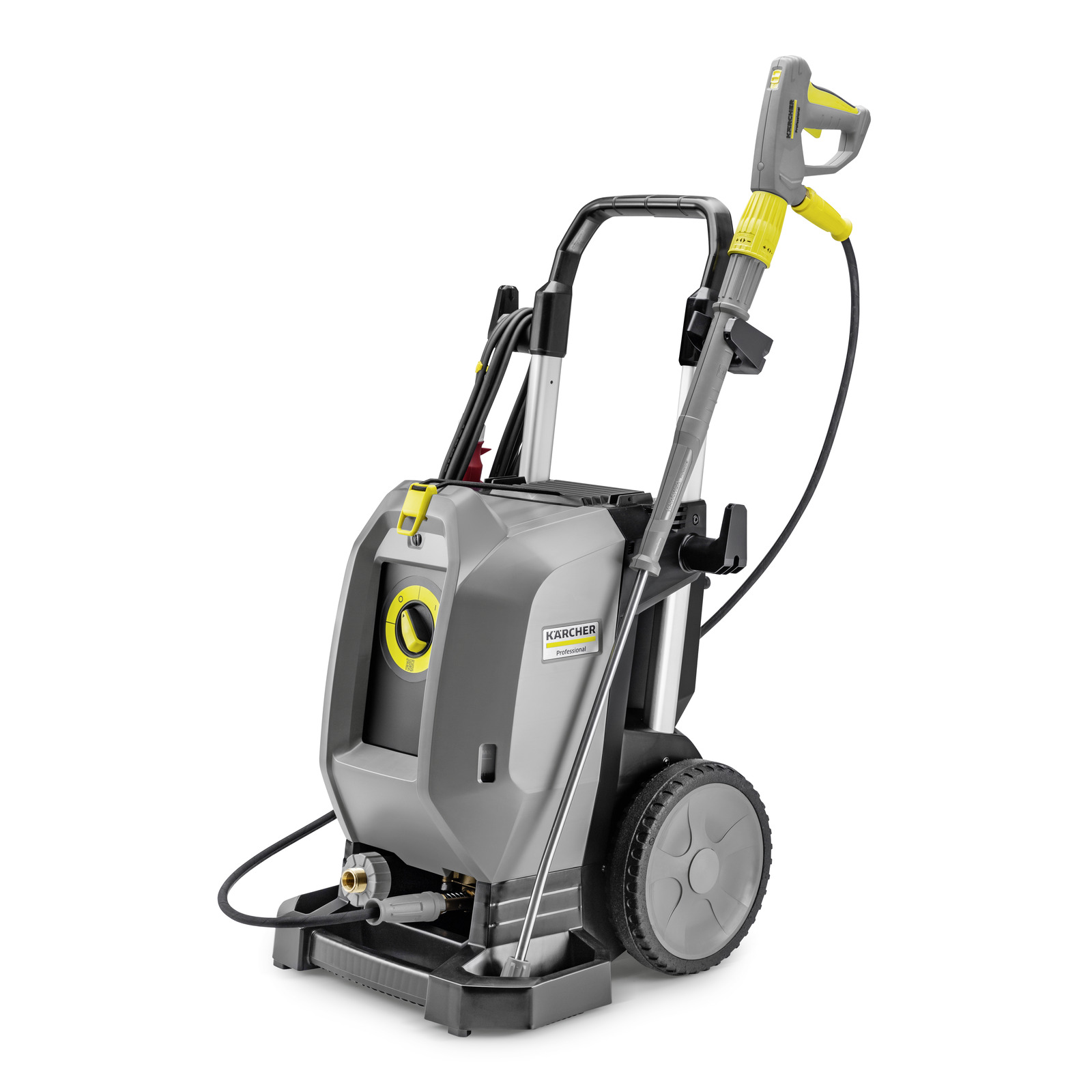 Kärcher high-pressure cleaner with wheels, grey body, yellow accents, and attached hose and spray gun. Kärcher high-pressure cleaner with wheels, grey body, yellow accents, and attached hose and spray gun.