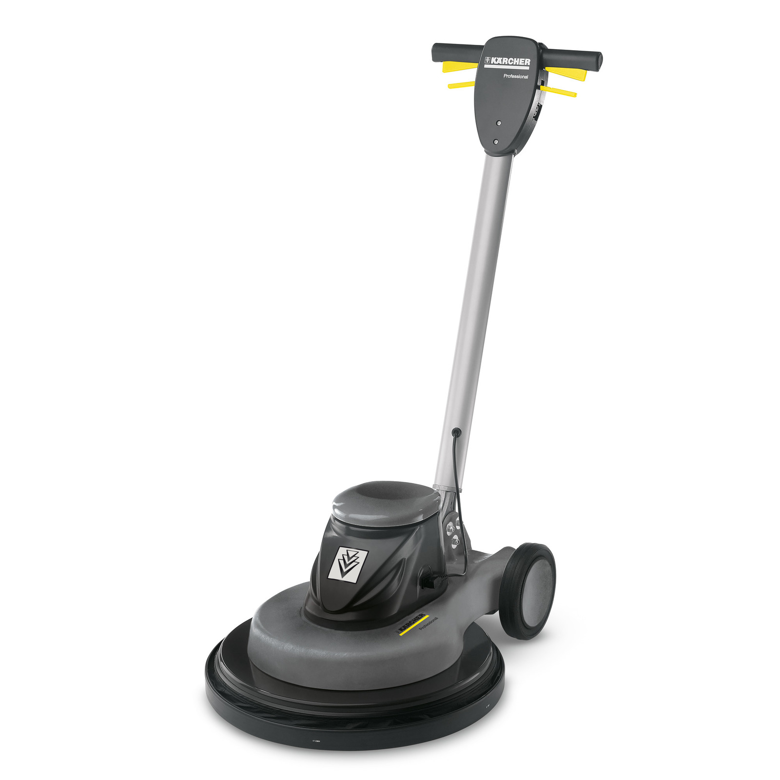 Kärcher floor polisher with a grey body, black circular base, and handle with yellow accents. Kärcher floor polisher with a grey body, black circular base, and handle with yellow accents.