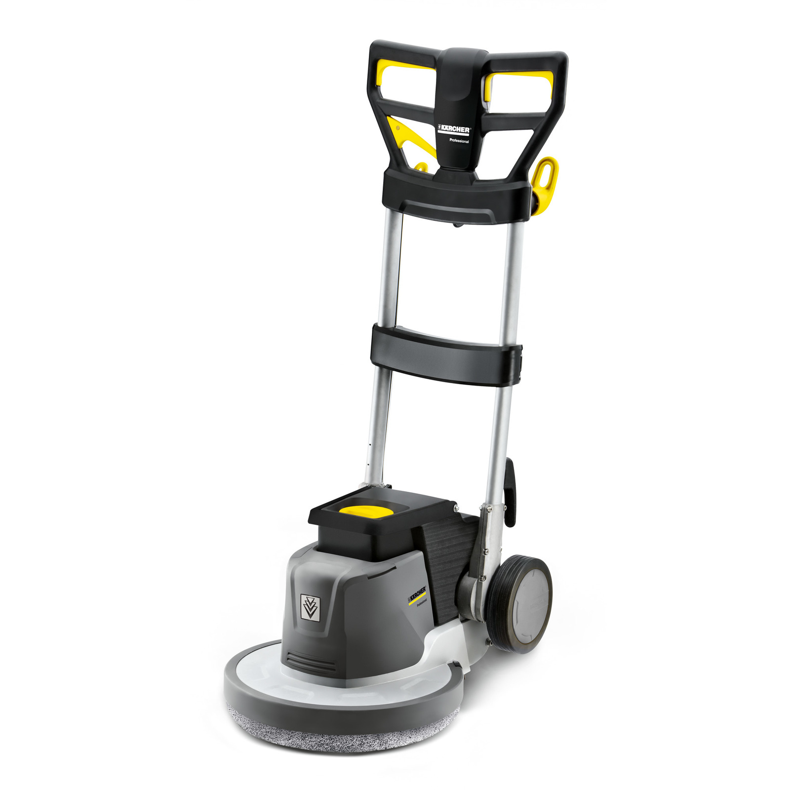 Kärcher floor polisher with a black and yellow handle, grey body, and circular cleaning pad.