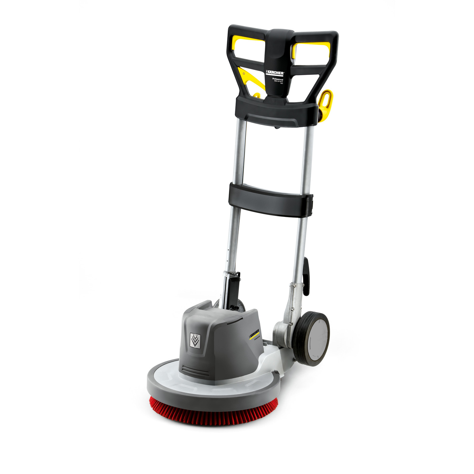 Kärcher floor polisher with a grey body, red brush, and black handle, featuring wheels for mobility.