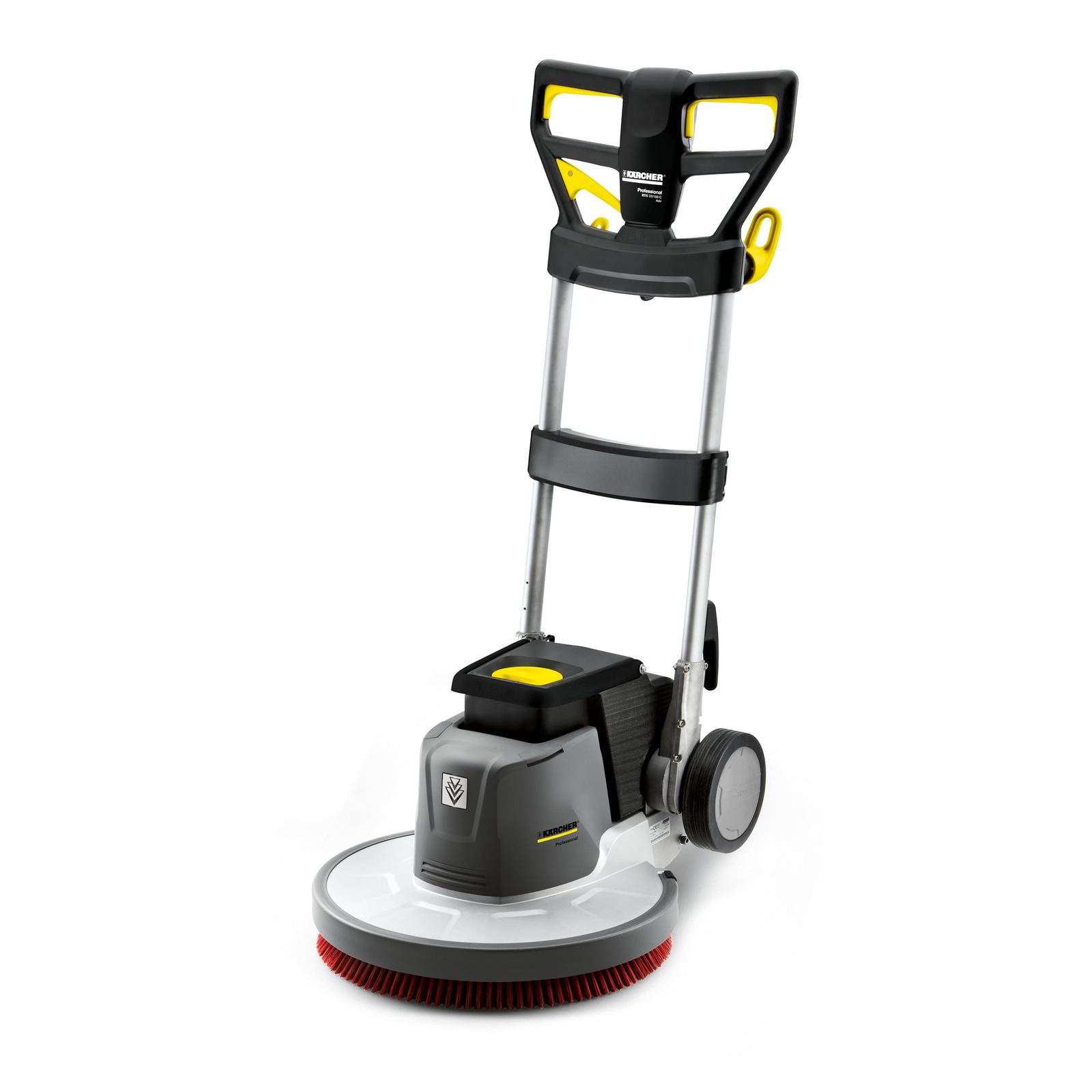 Kärcher floor scrubber with red brush, grey body, and black handle, featuring yellow accents and wheels.
