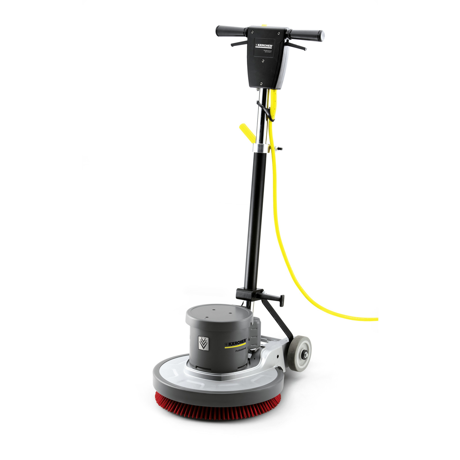 Kärcher floor polisher with red brush, black handle, and yellow cord, set against a white background.