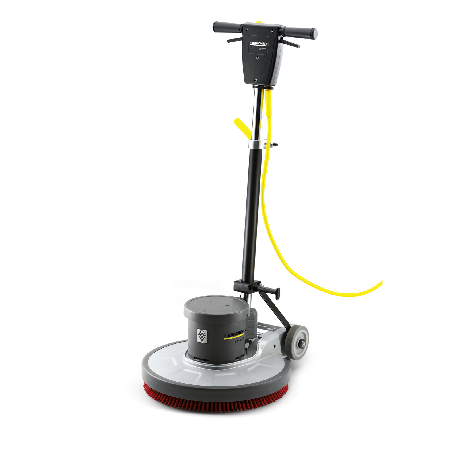 Kärcher floor polisher with red brush, black handle, and yellow cord, designed for professional cleaning.