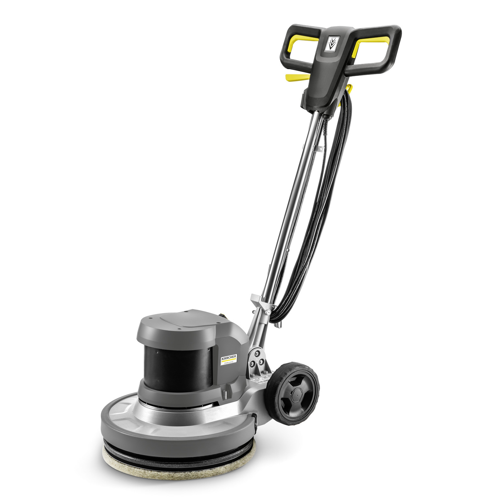 Kärcher floor polisher with a grey body, black handle, and two wheels, designed for cleaning and polishing surfaces. Kärcher floor polisher with a grey body, black handle, and two wheels, designed for cleaning and polishing surfaces.