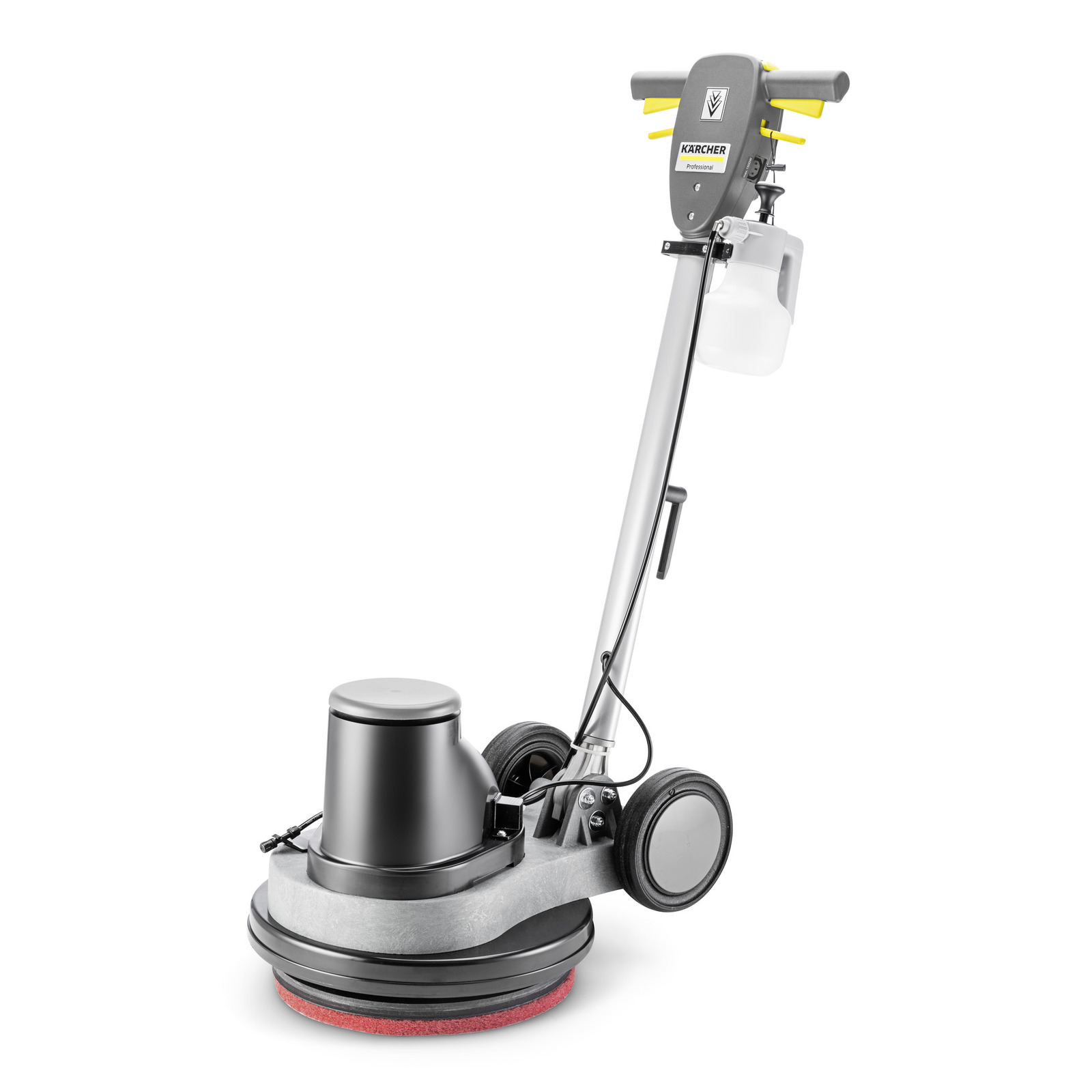 Kärcher floor polisher with red brush, grey handle, and attached white solution container.