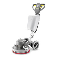 Kärcher floor polisher with a grey body, red pad, and black wheels, featuring a handle with yellow accents.