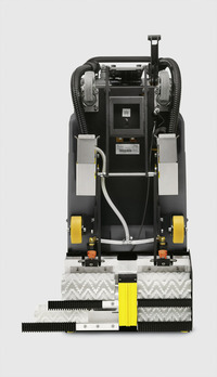 Kärcher floor scrubber with yellow wheels, hoses, and brushes, viewed from the rear against a plain background.
