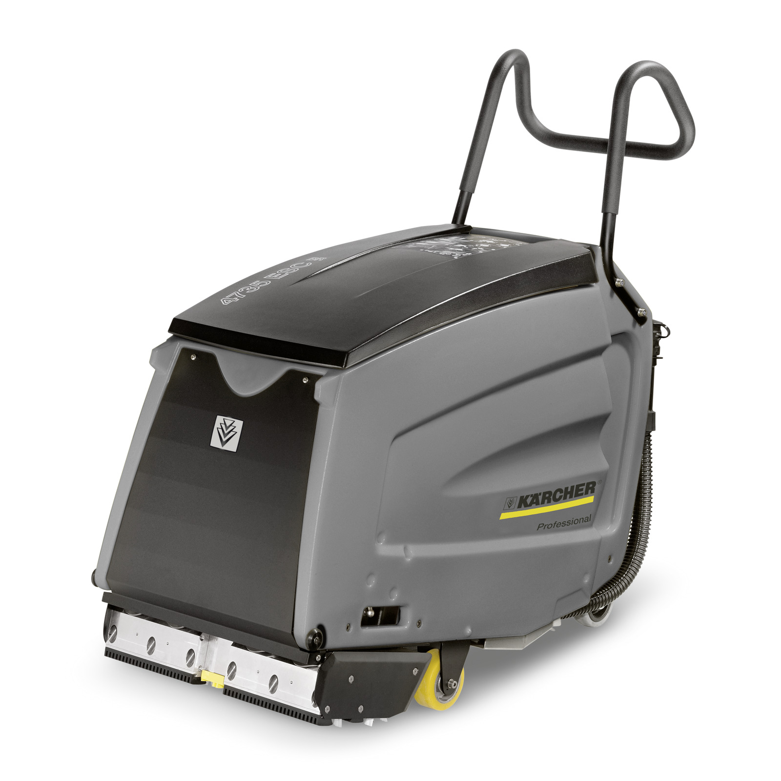 Grey Kärcher floor scrubber with black top and yellow accents, featuring dual handles and visible brush mechanism at the front.