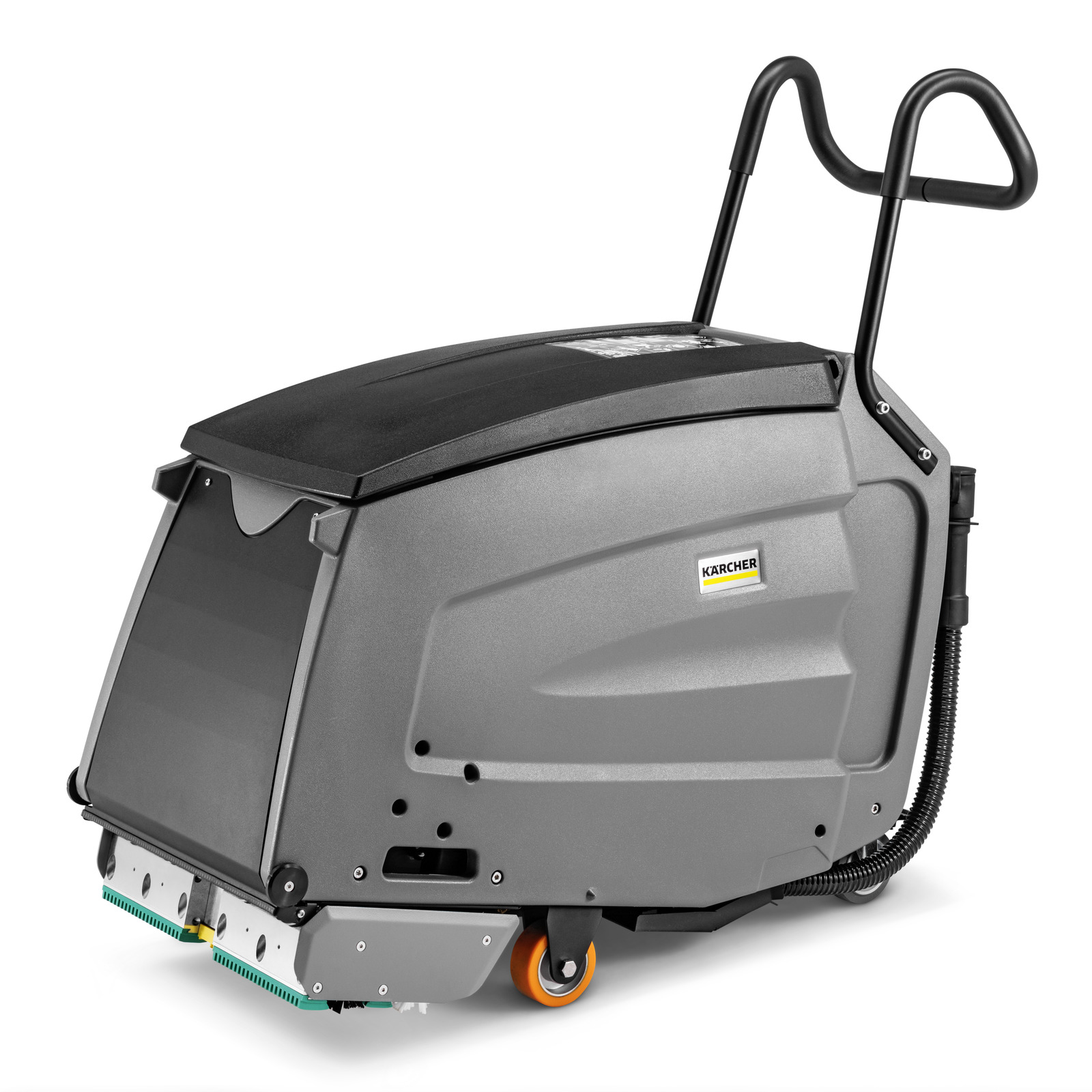 Kärcher grey and black walk-behind floor scrubber drier on a white background. Kärcher grey and black walk-behind floor scrubber drier on a white background.