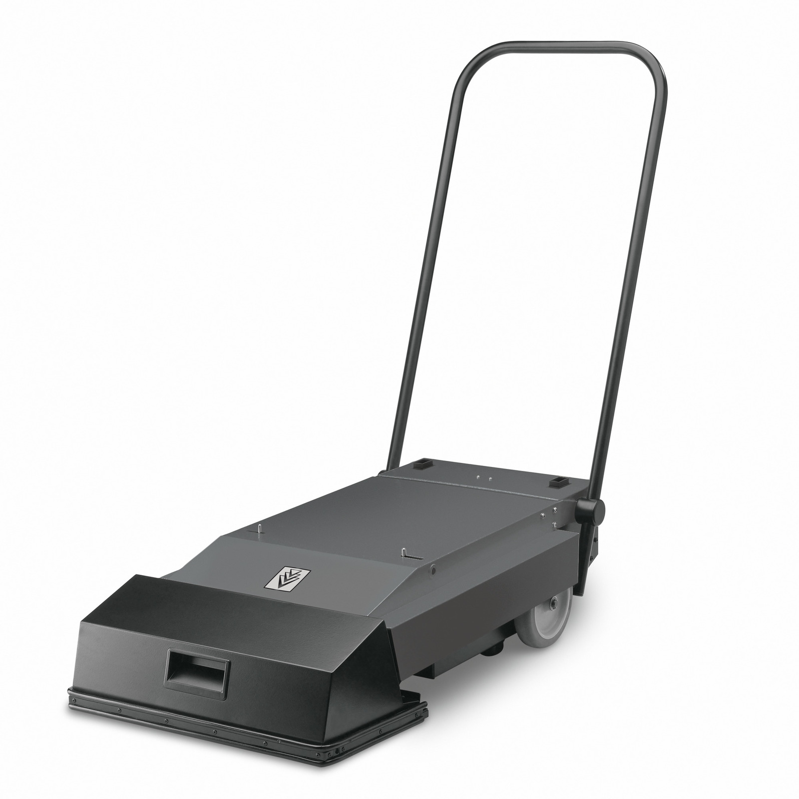 Kärcher industrial push sweeper with a black handle and grey body, featuring two wheels on a white background.