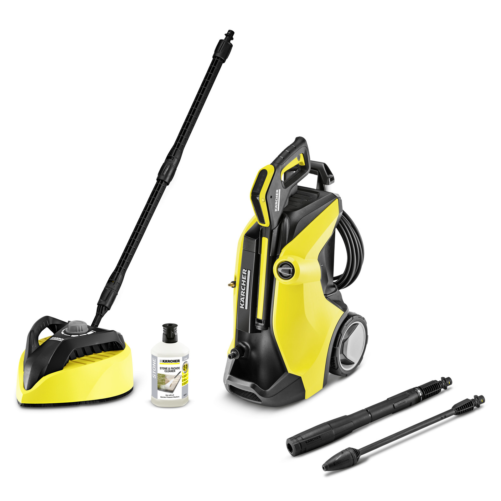 Kärcher high-pressure cleaner with accessories: surface cleaner, detergent bottle, and two spray lances, all in yellow and black. Kärcher high-pressure cleaner with accessories: surface cleaner, detergent bottle, and two spray lances, all in yellow and black.