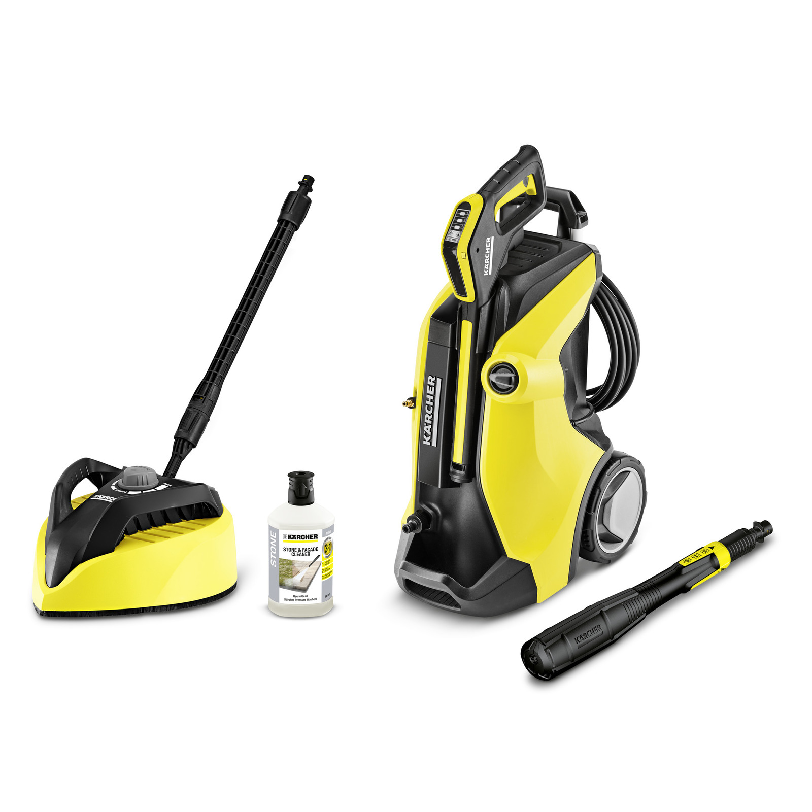 Kärcher high-pressure cleaner with accessories, including a surface cleaner, stone cleaner bottle, and spray lance. Kärcher high-pressure cleaner with accessories, including a surface cleaner, stone cleaner bottle, and spray lance.