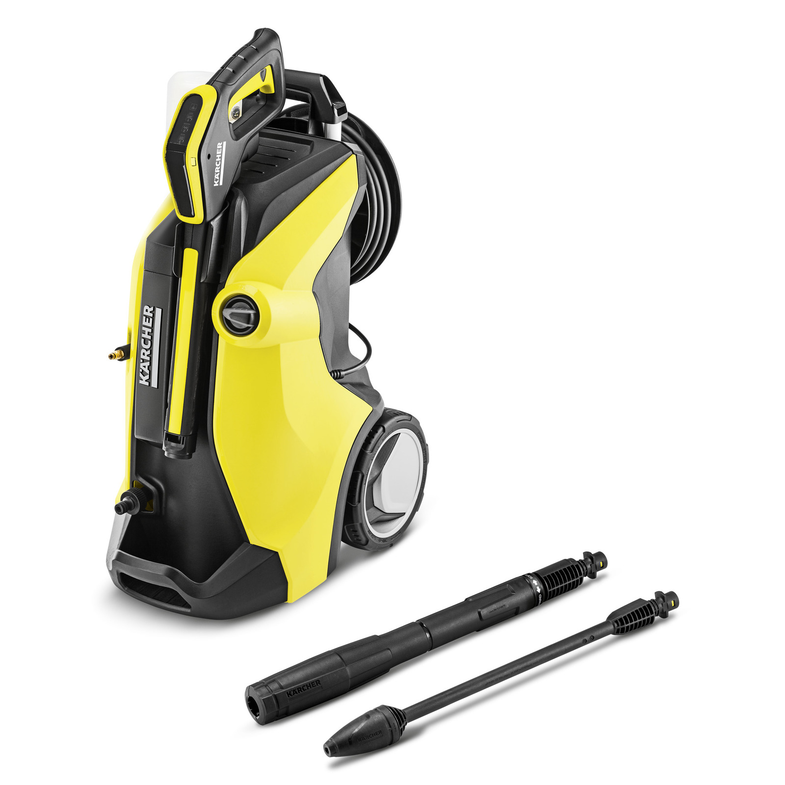 Kärcher high-pressure cleaner with yellow and black design, two detachable nozzles placed in front.
