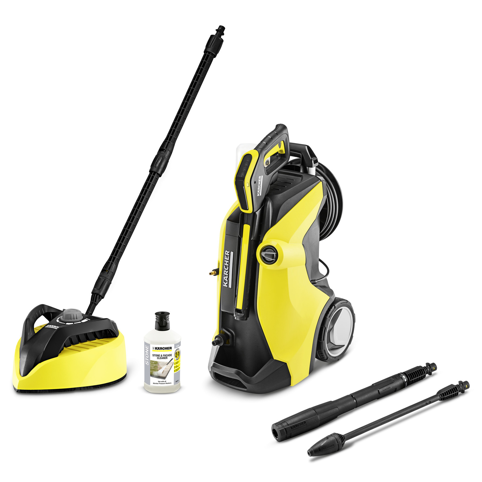 Kärcher high-pressure cleaner with accessories, including a surface cleaner, detergent bottle, and two spray lances.