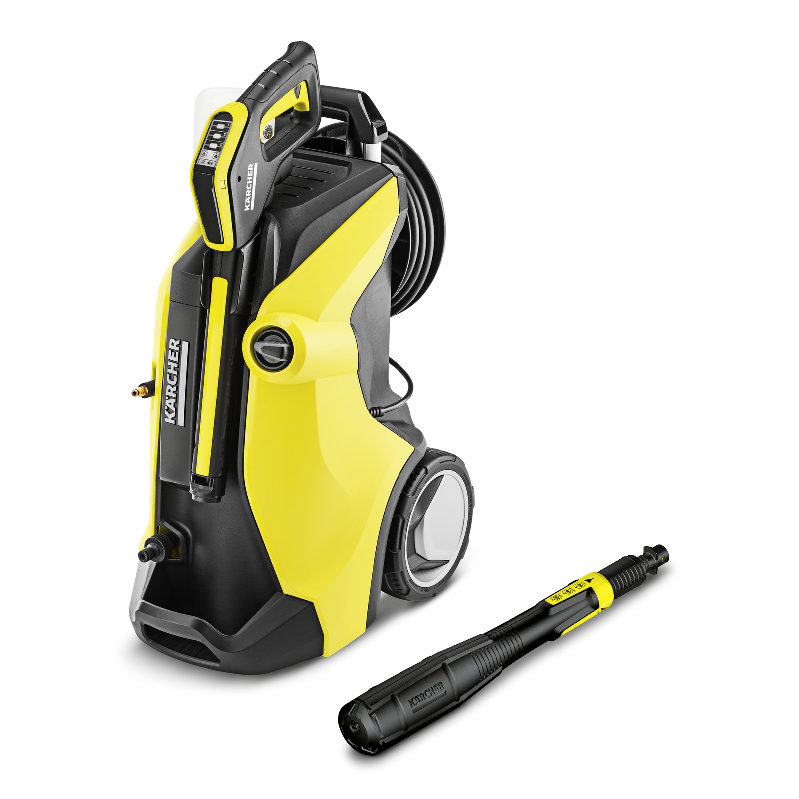 Aspirator Kärcher de înaltă presiune galben-negru, cu mâner ergonomic și furtun, pe fundal alb.