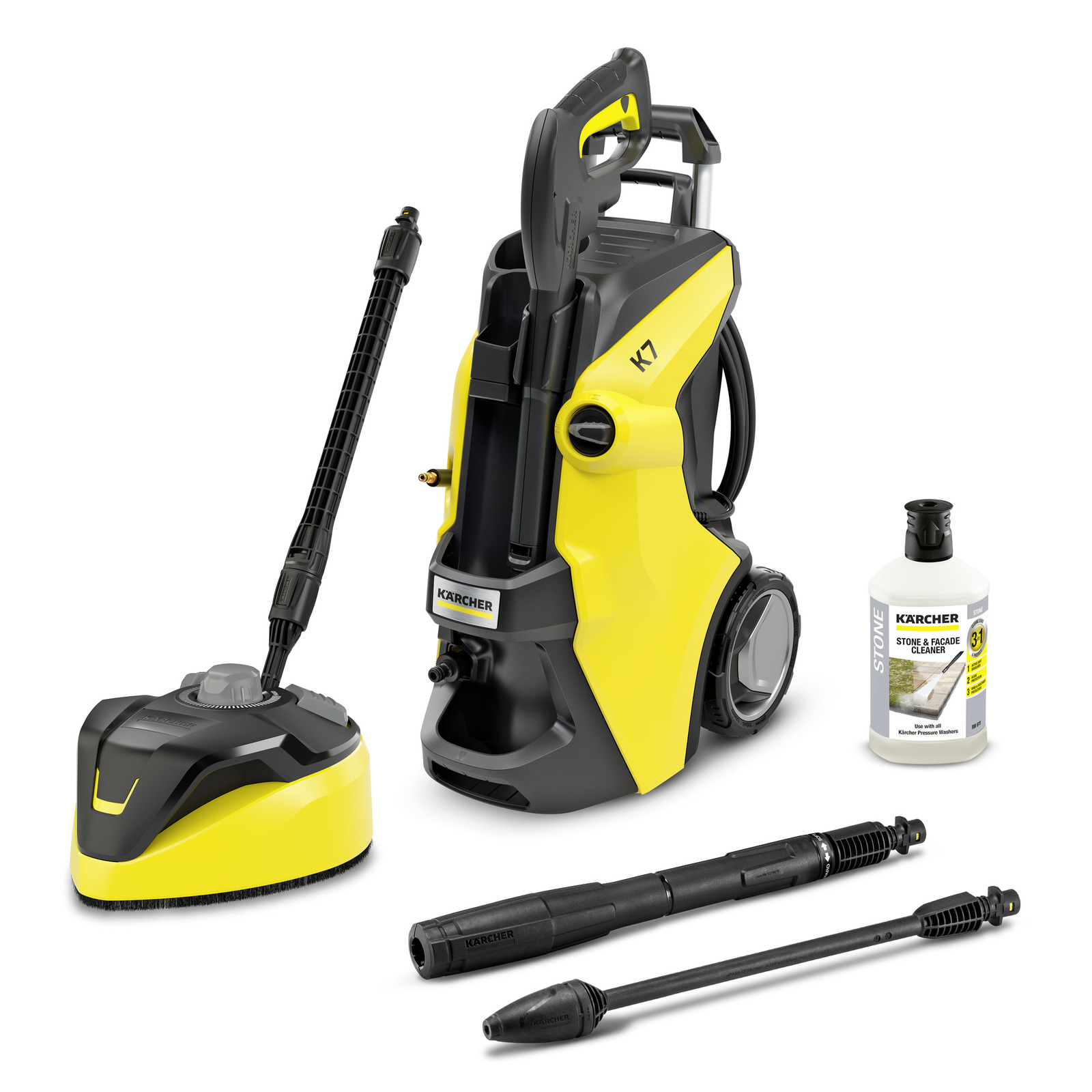 Aspirator Kärcher K7 cu accesorii, inclusiv detergent pentru piatră și fațade, perie rotativă și două duze de presiune. Aspirator Kärcher K7 cu accesorii, inclusiv detergent pentru piatră și fațade, perie rotativă și două duze de presiune.