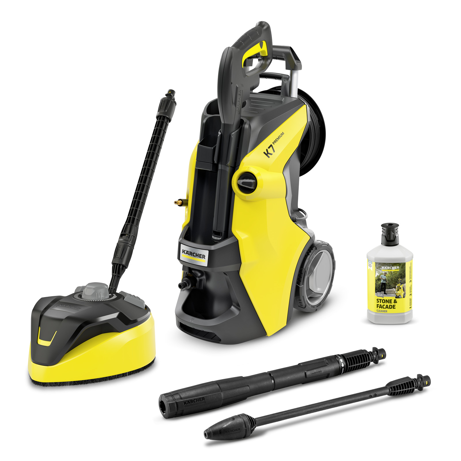 Aspirator Kärcher K7 cu accesorii: perie rotativă, două duze și detergent pentru piatră și fațade.