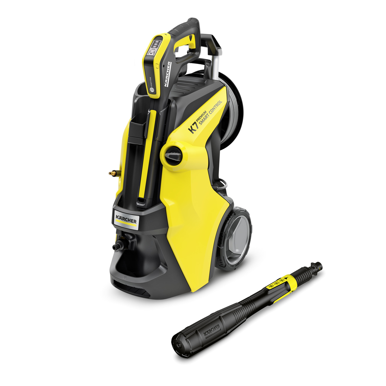 Aparat de curățare cu presiune Kärcher K7 Smart Control, galben-negru, cu pistol de pulverizare detașat.