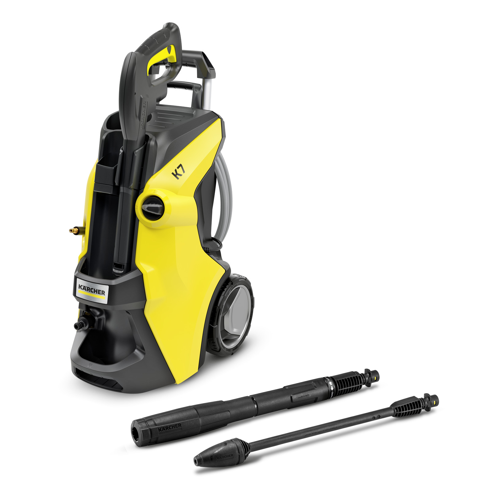 Aparat de curățare cu presiune Kärcher K7, galben-negru, cu două accesorii de pulverizare pe fundal alb. Aparat de curățare cu presiune Kärcher K7, galben-negru, cu două accesorii de pulverizare pe fundal alb.