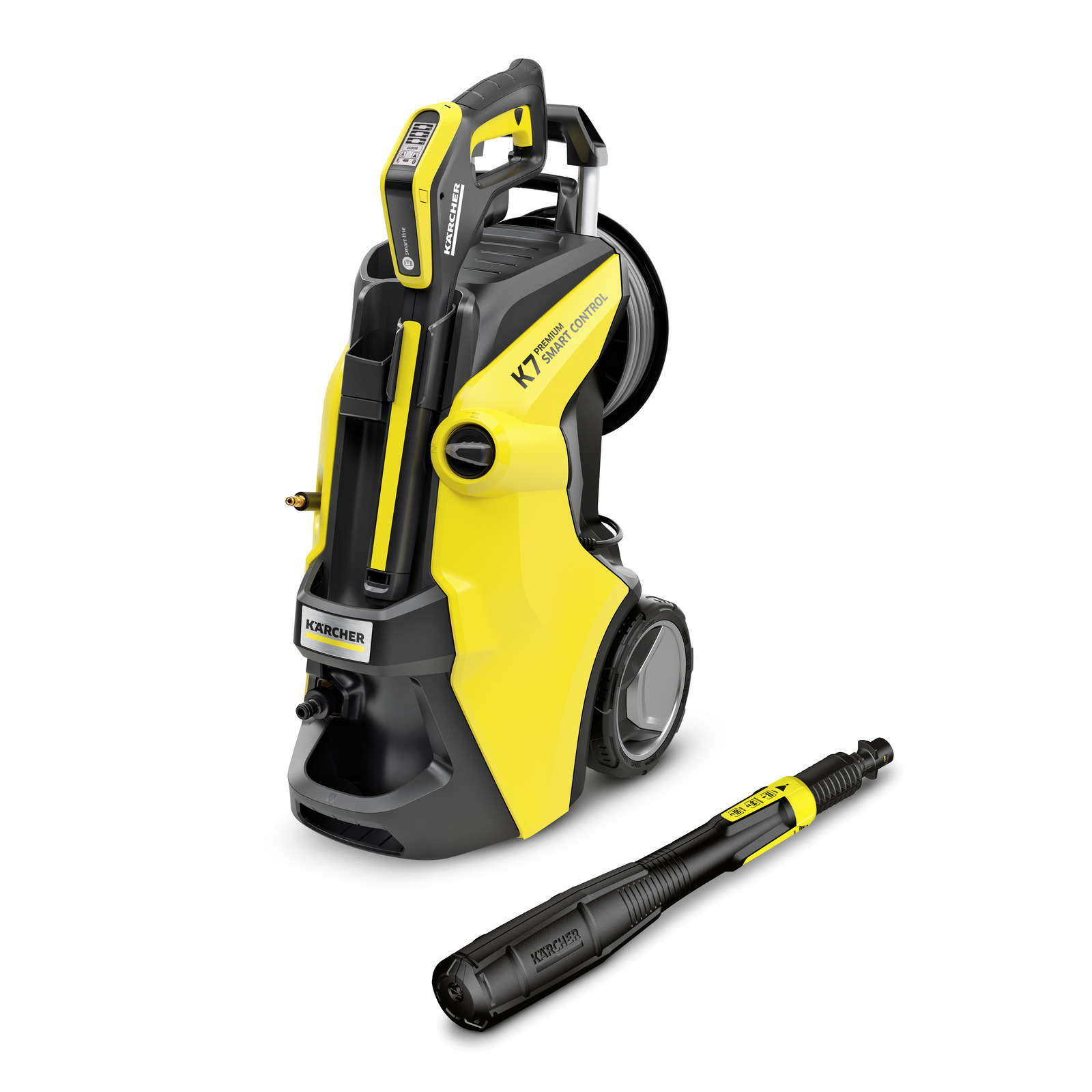 Kärcher K7 Smart Control high-pressure cleaner in yellow and black, with detachable spray lance.
