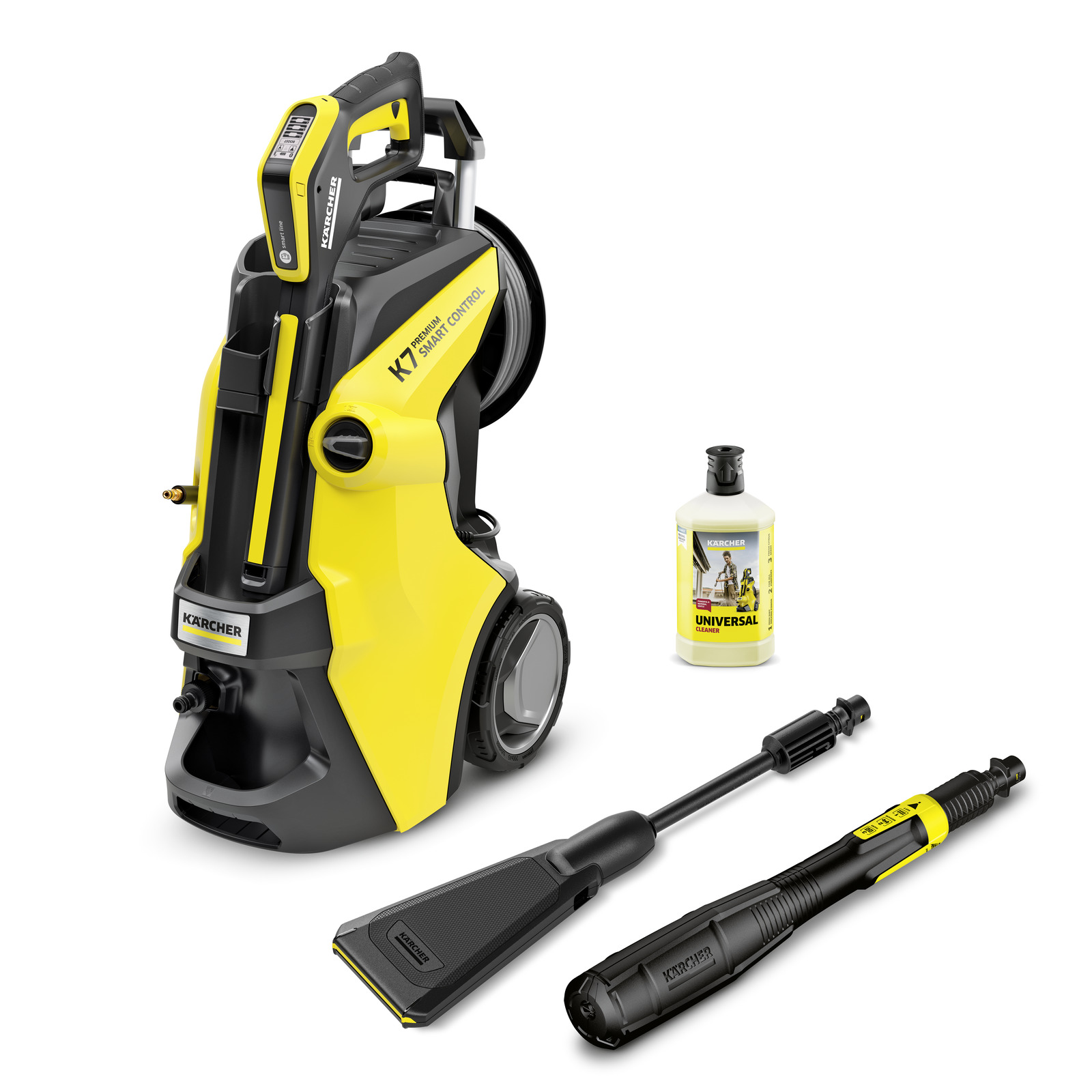 Aspirator Kärcher K7 Smart Control galben-negru, cu detergent universal și accesorii de curățare.
